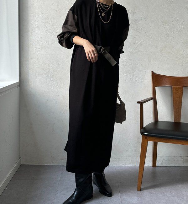  「【WEB限定】ウエストベルト異素材切替ワンピース」|ワンピース|