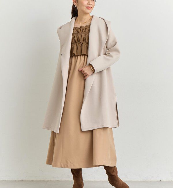  「《低身長サイズあり・大人の華やかさ◎》スクエア異素材シャーリングワンピ」|その他|グレージュ