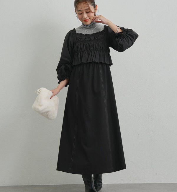  「《低身長サイズあり・大人の華やかさ◎》スクエア異素材シャーリングワンピ」|その他|