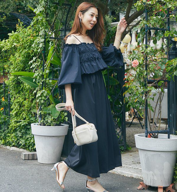  「《低身長サイズあり・大人の華やかさ◎》スクエア異素材シャーリングワンピ」|その他|