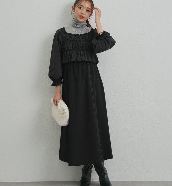  「《低身長サイズあり・大人の華やかさ◎》スクエア異素材シャーリングワンピ」|その他|