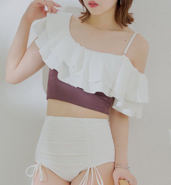  「【水着/トップス】ダブルフリルワンショルトップス」|ビキニ|ブラウンその他1