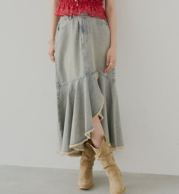  「【2サイズ展開】裾フリンジタイトフレアデニムスカート」|スカート|