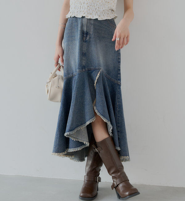  「【2サイズ展開】裾フリンジタイトフレアデニムスカート」|スカート|