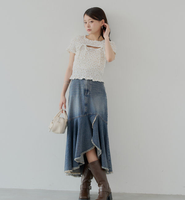  「【2サイズ展開】裾フリンジタイトフレアデニムスカート」|スカート|