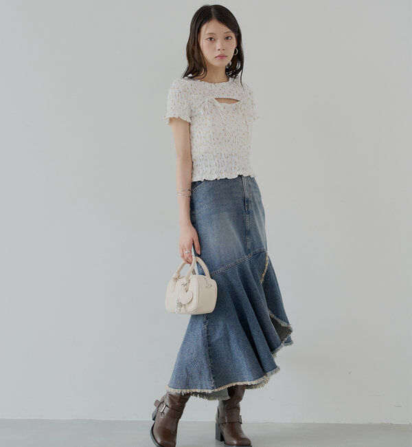  「【2サイズ展開】裾フリンジタイトフレアデニムスカート」|スカート|