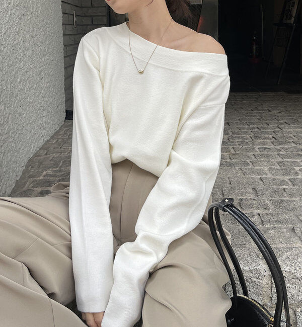  「アシメスリットボートネックニット」|ニット・セーター|ホワイト