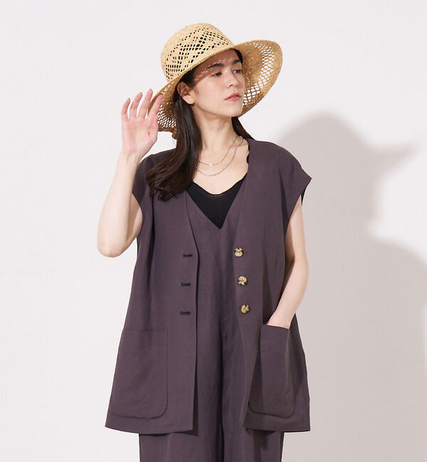 collex「【手洗い可】リネン混 イージークロス Vネックジレ」|ベスト・ジレ|チャコールグレー