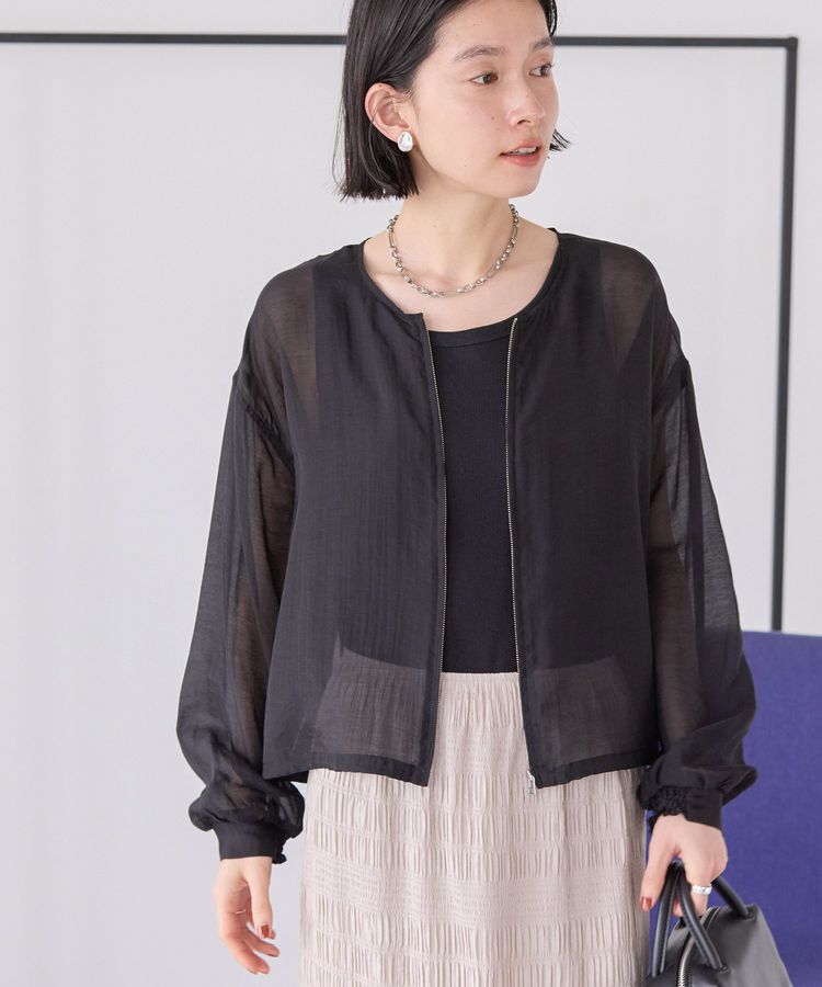 AMERICAN HOLIC「ノーカラーシアーZIPブルゾン」|その他|Black