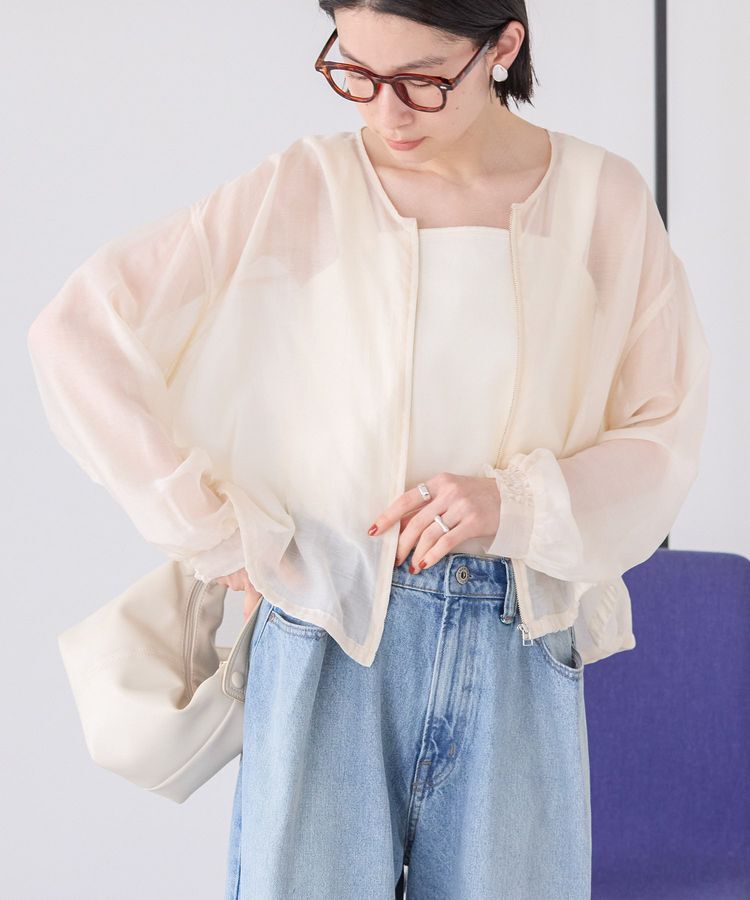 AMERICAN HOLIC「ノーカラーシアーZIPブルゾン」|その他|Ecru