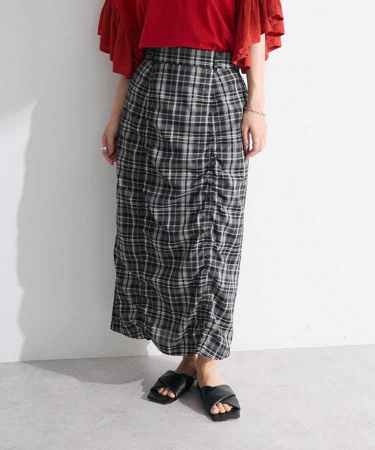 Green Parks「チェック柄シャーリングIラインスカート」|タイト|Black