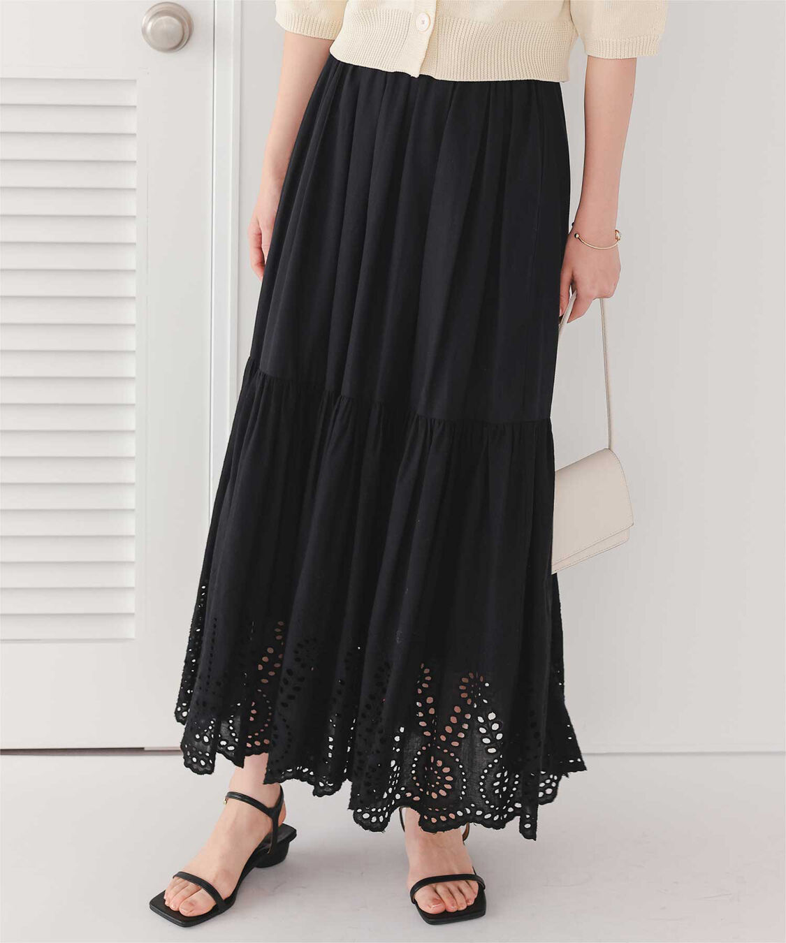 titivate「刺繍レースギャザースカート」|スカート|ブラック