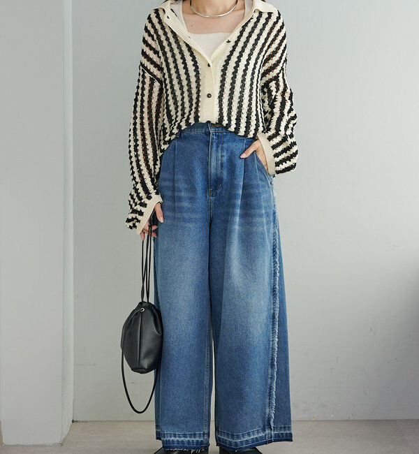  「ジャガードストライプ襟付きカーディガン」|カーディガン|