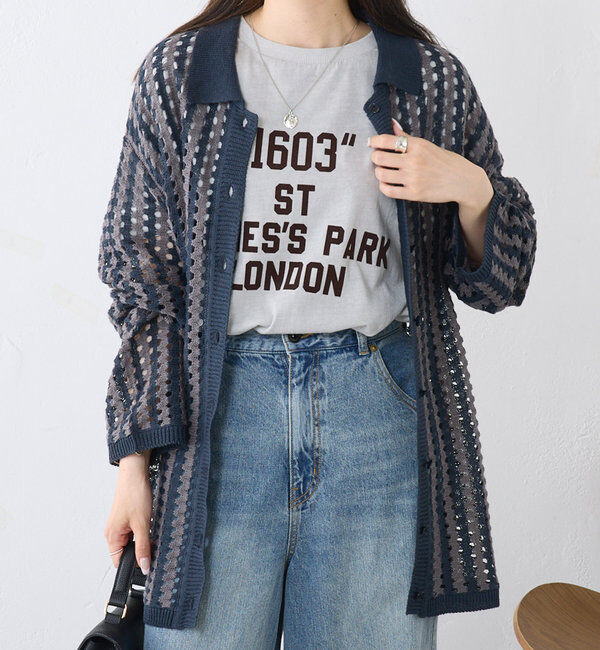  「ジャガードストライプ襟付きカーディガン」|カーディガン|