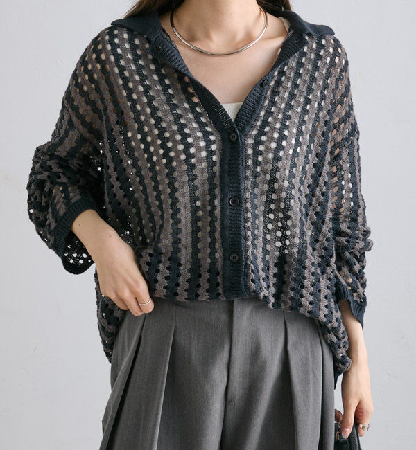  「ジャガードストライプ襟付きカーディガン」|カーディガン|