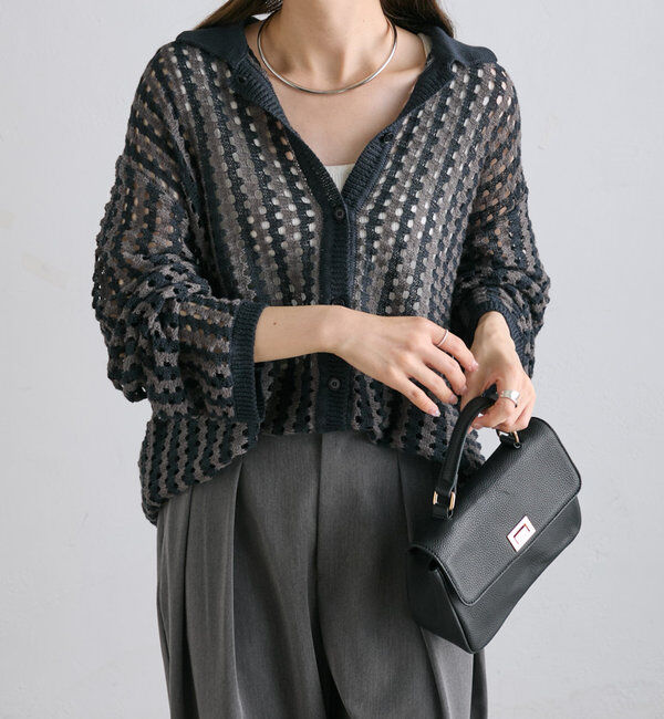  「ジャガードストライプ襟付きカーディガン」|カーディガン|