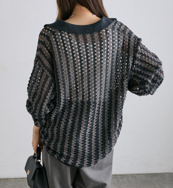  「ジャガードストライプ襟付きカーディガン」|カーディガン|