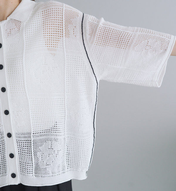  「配色透かし編み襟付きカーディガン」|カーディガン|