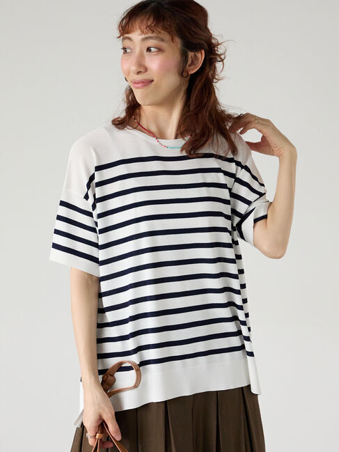 Lugnoncure「【接触冷感】無地/ボーダー半袖ニット」|ニット・セーター|オフホワイト