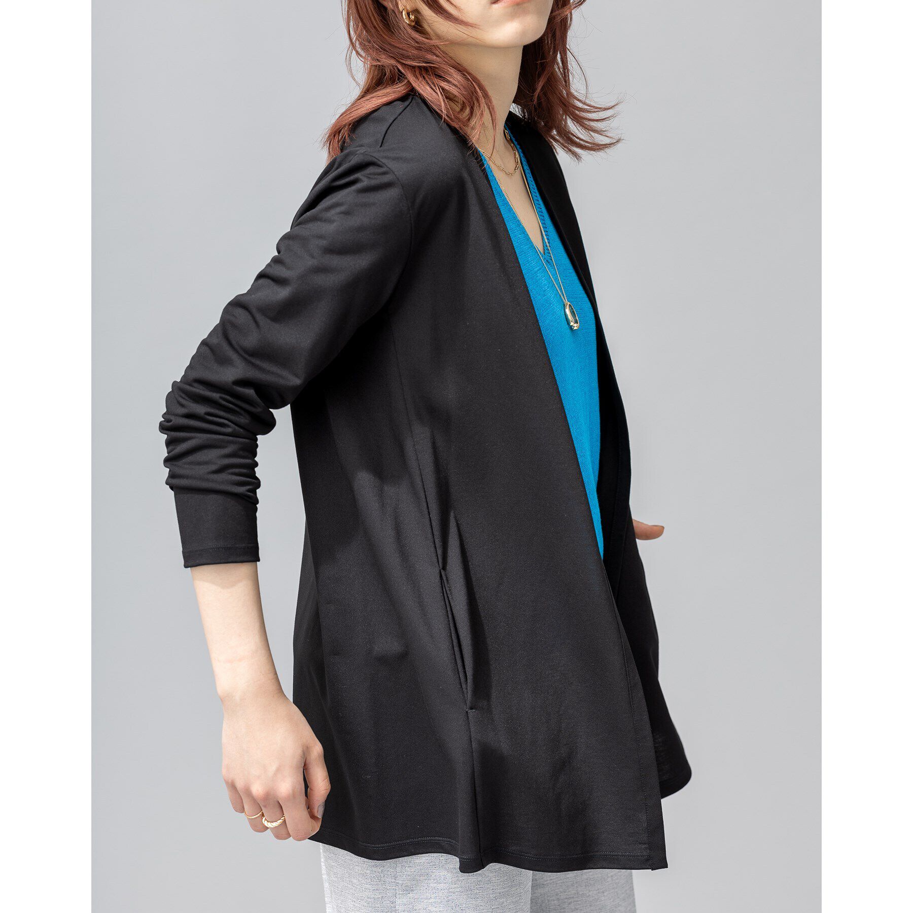 INDIVI「【洗える／UVケア／接触冷感】ドライタッチ着流しジャージカーディガン」|カーディガン|ブラック(019)