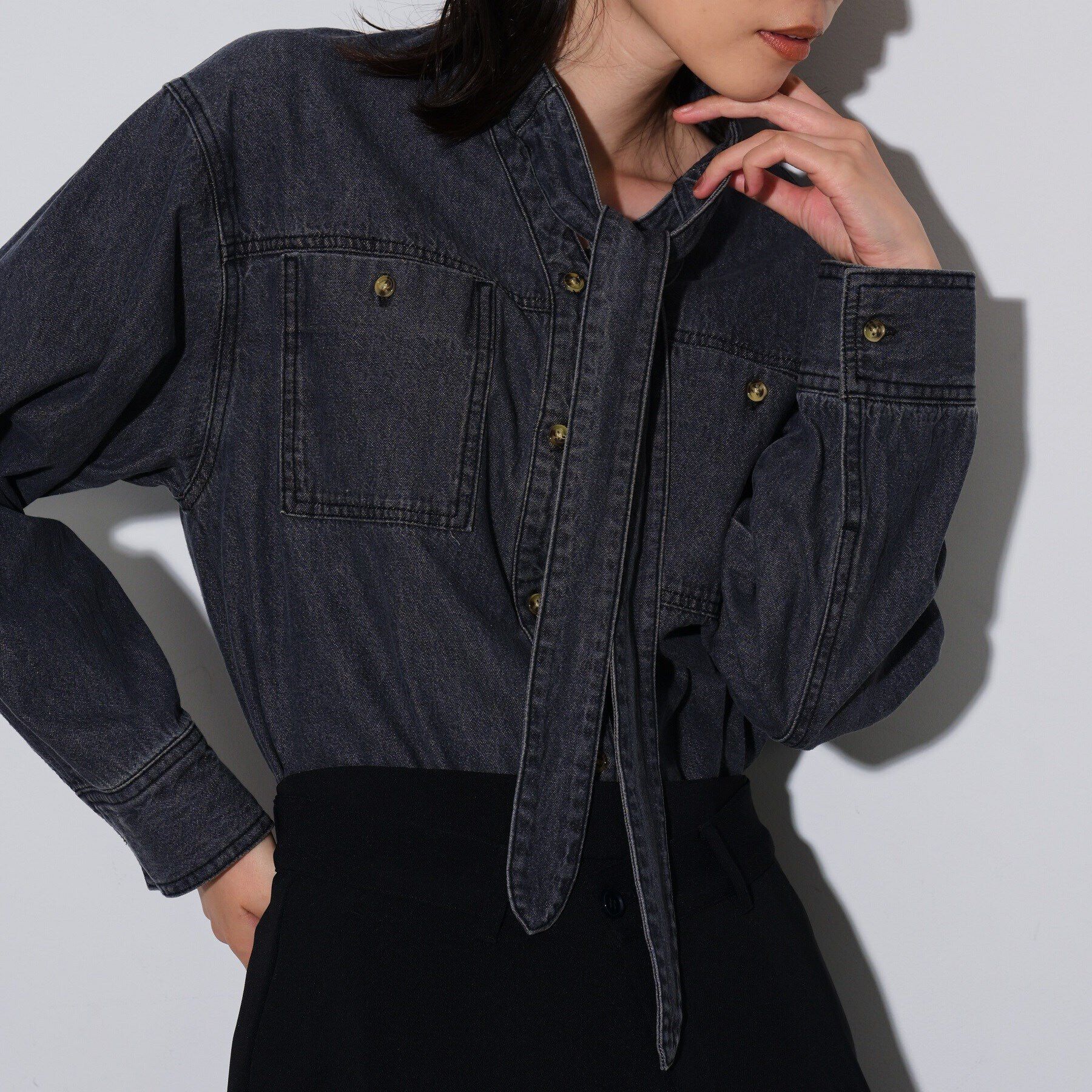 GALLEST「リボンデニムシャツ」|シャツ・ブラウス|ﾁｬｺｰﾙｸﾞﾚｰ(014)