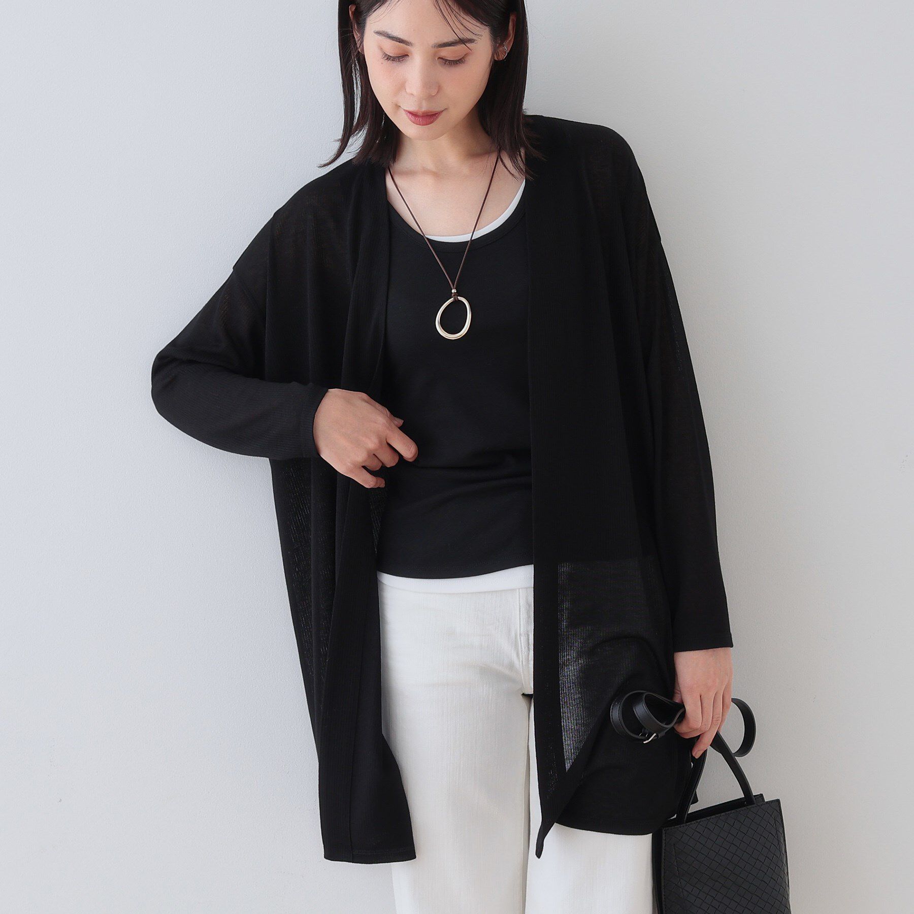 INDIVI「【洗える／シアーストライプ】ロング丈着流しカーディガン」|カーディガン|ブラック(019)