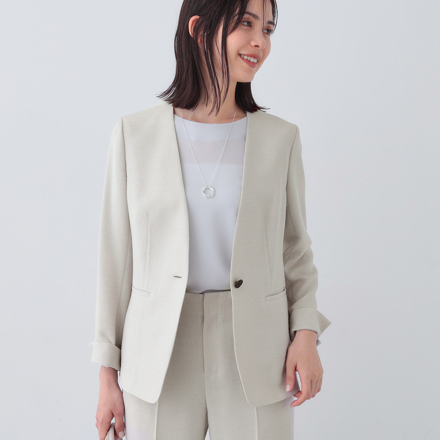 INDIVI「【日本製／SETUP可能】トリアセテート混ノーカラージャケット」|スーツ|ライトグレー(011