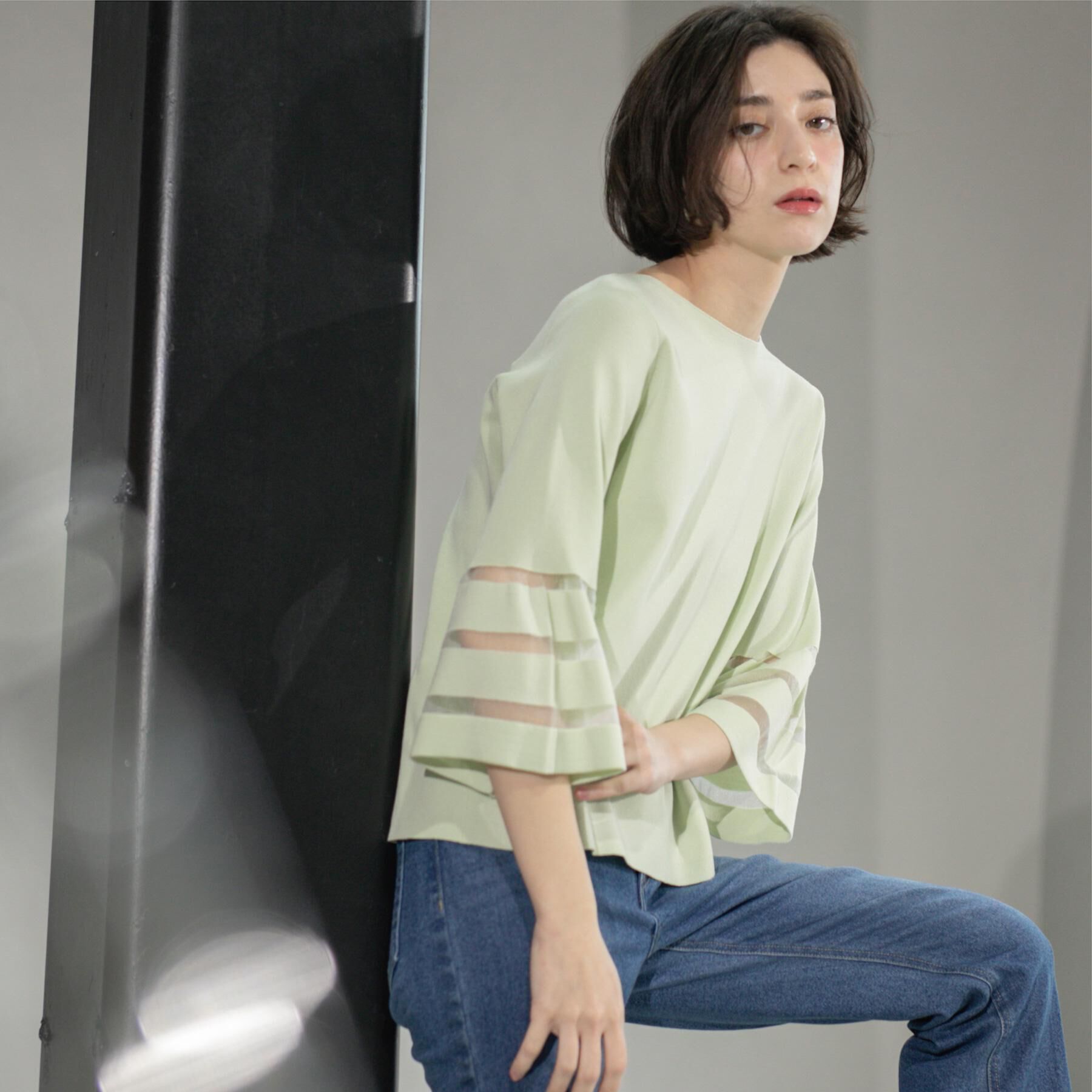 OPAQUE.CLIP「《6色展開》シアーボーダーフレアスリーブニット【洗濯機洗い可】」|ニット・セーター|