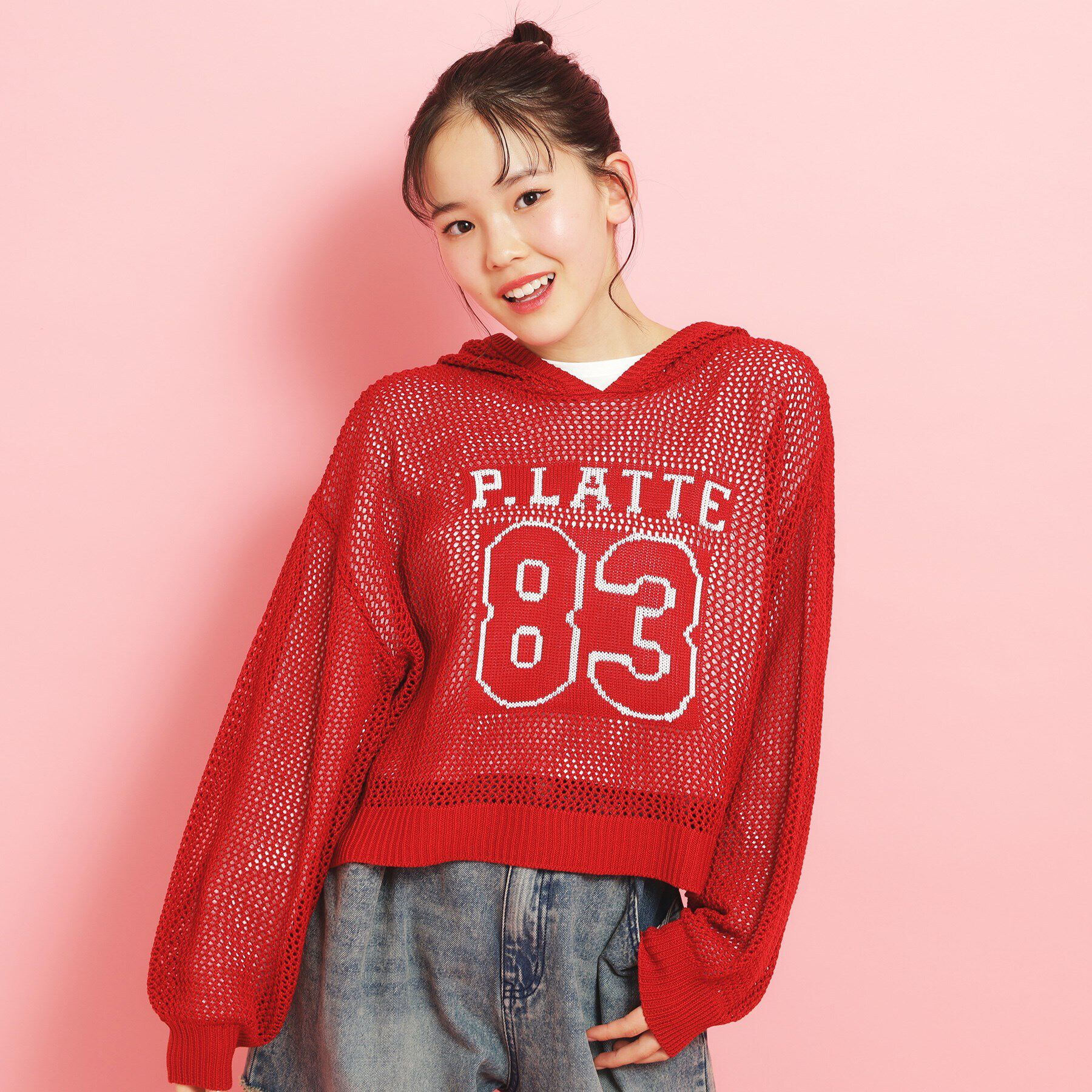 PINK-latte「【セットアイテム】ナンバリングメッシュ＋ロンT」|ニット・セーター|レッド(063)