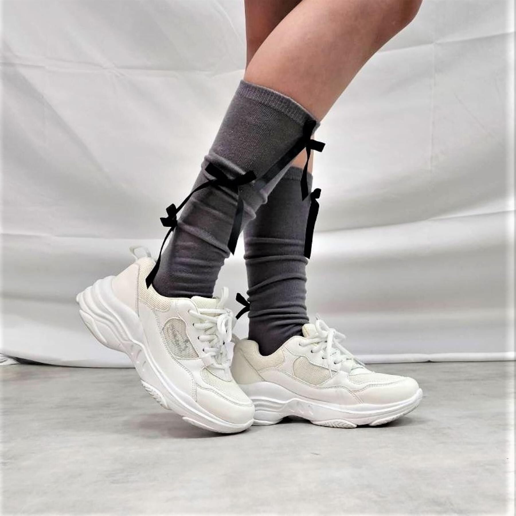 PINK-latte「リボンハイソックス」|ソックス|グレー(012)