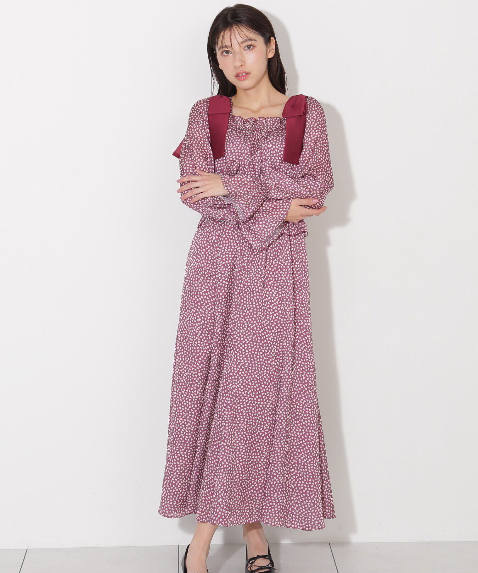  「ハートプリントシャーリングワンピース」|ワンピース|