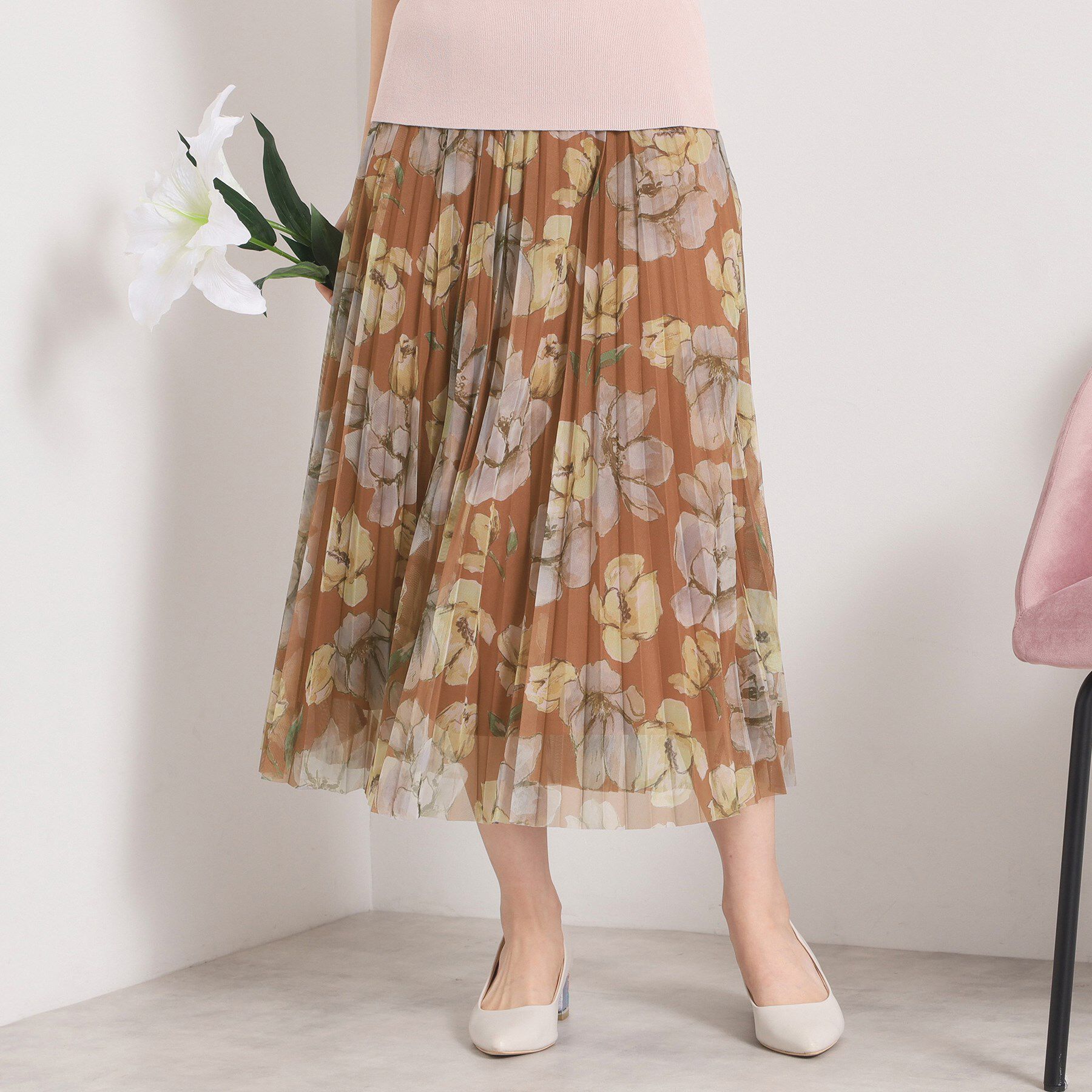 ITS&rsquo;DEMO「【手洗い可／ウエストゴム】花柄チュールスカート」|スカート|モカブラウン(142