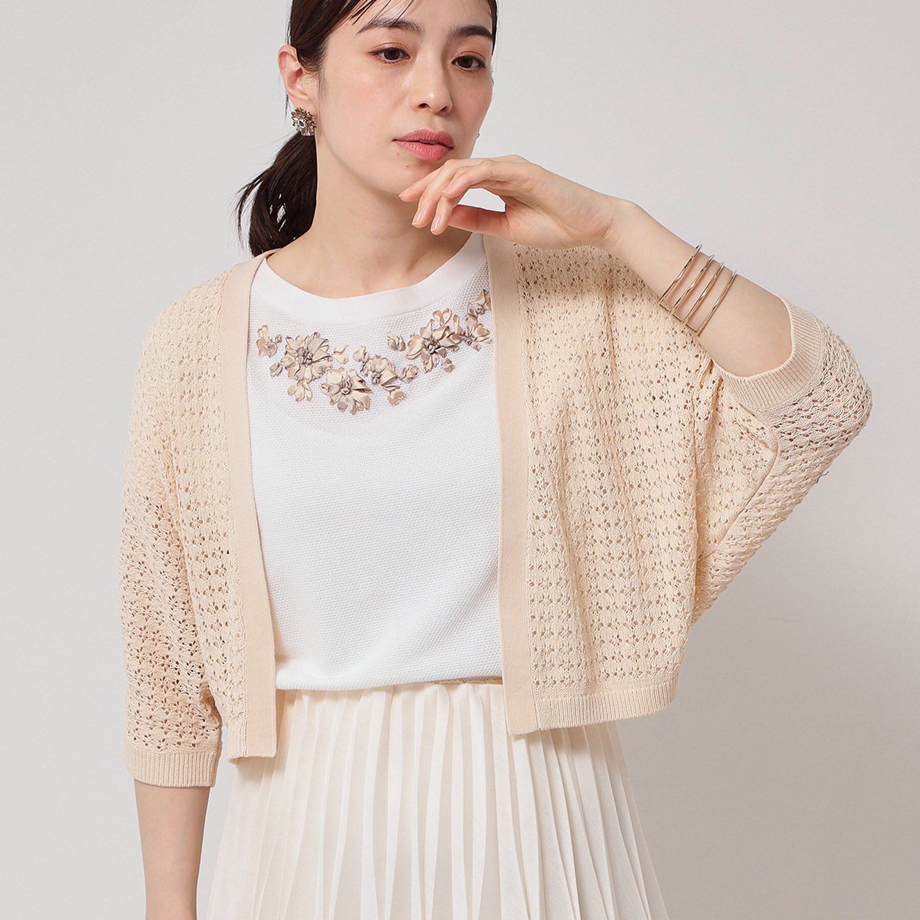 SunaUna「【SS～Lサイズ展開／透かし編み】ショート丈ボレロ」|カーディガン|ライトベージュ(05