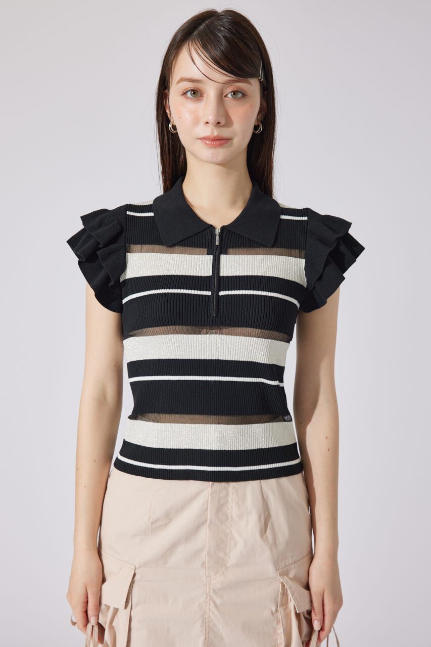 rienda「ハーフジップフリルショルダーニットトップス」|ニット・セーター|