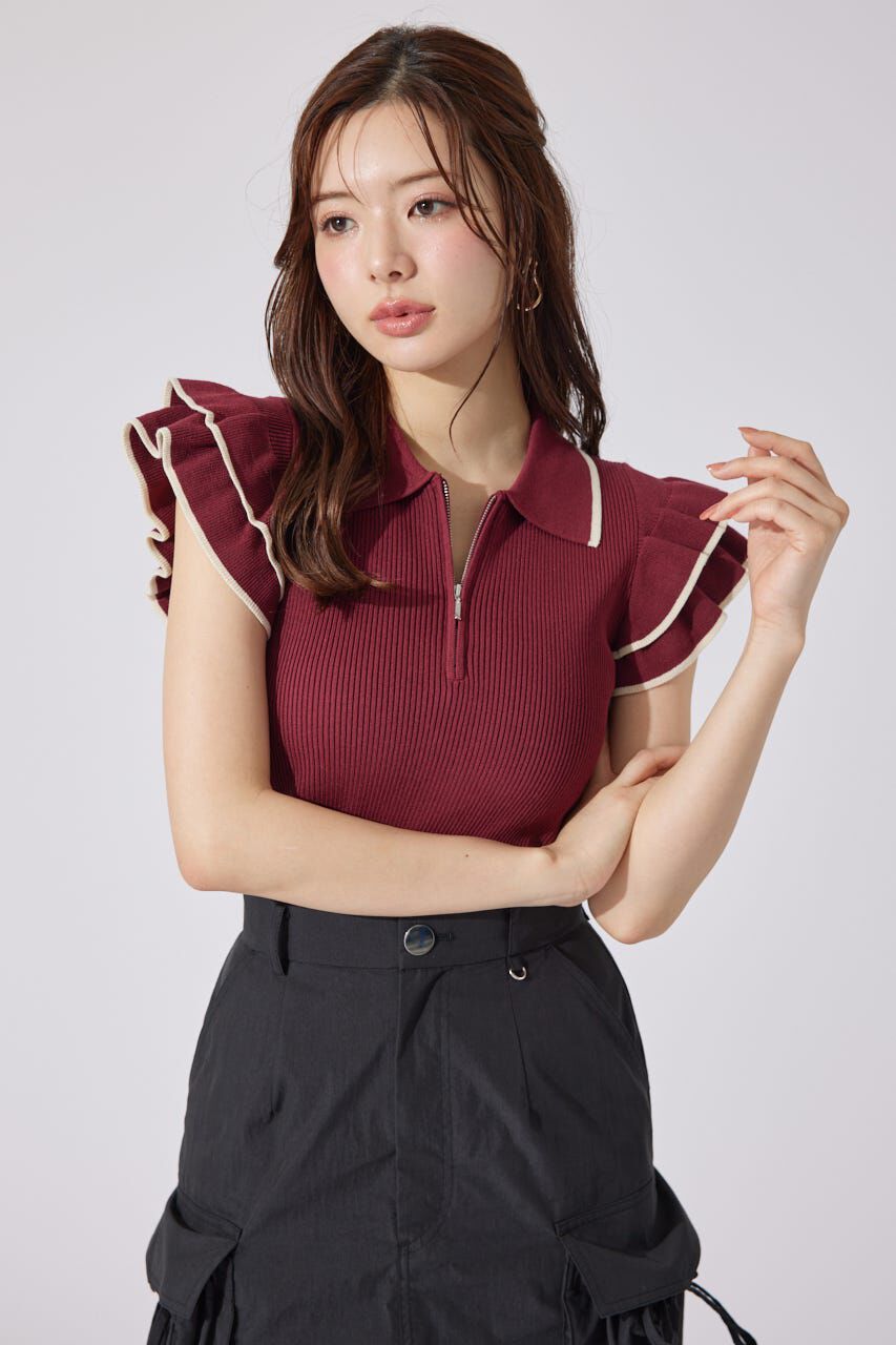 rienda「ハーフジップフリルショルダーニットトップス」|ニット・セーター|RED