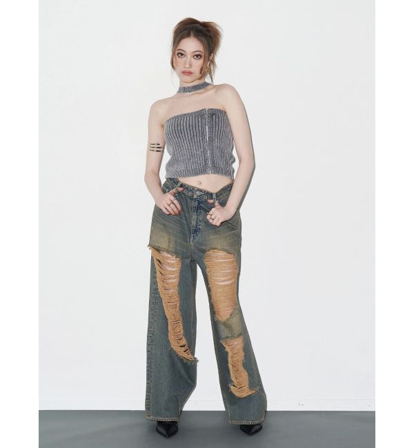 EVRIS「ハイダメージワイドデニムパンツ」|デニム|