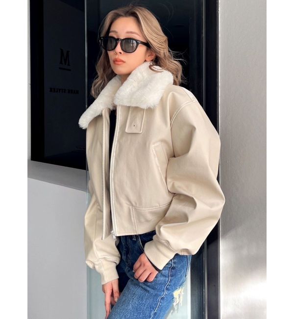 GYDA「vintage processingフェイクレザーショートブルゾン」|ブルゾン・スタジャン|アイボリー