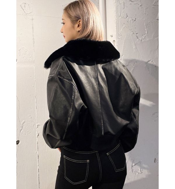 GYDA「vintage processingフェイクレザーショートブルゾン」|ブルゾン・スタジャン|