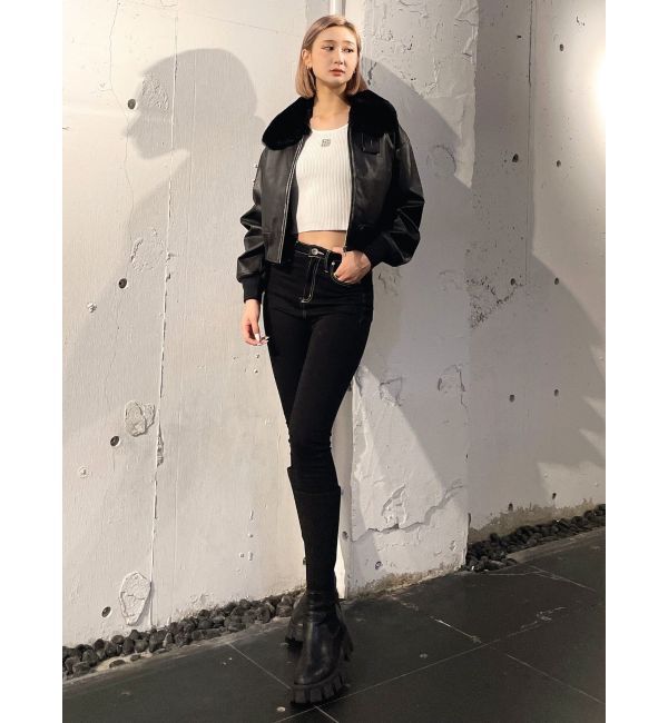 GYDA「vintage processingフェイクレザーショートブルゾン」|ブルゾン・スタジャン|