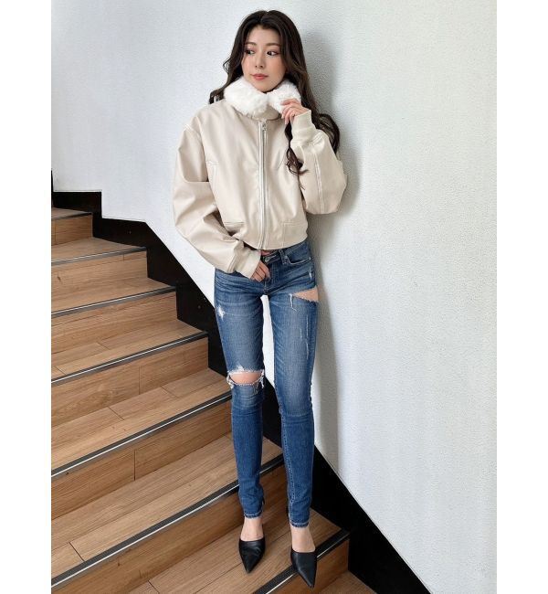 GYDA「vintage processingフェイクレザーショートブルゾン」|ブルゾン・スタジャン|