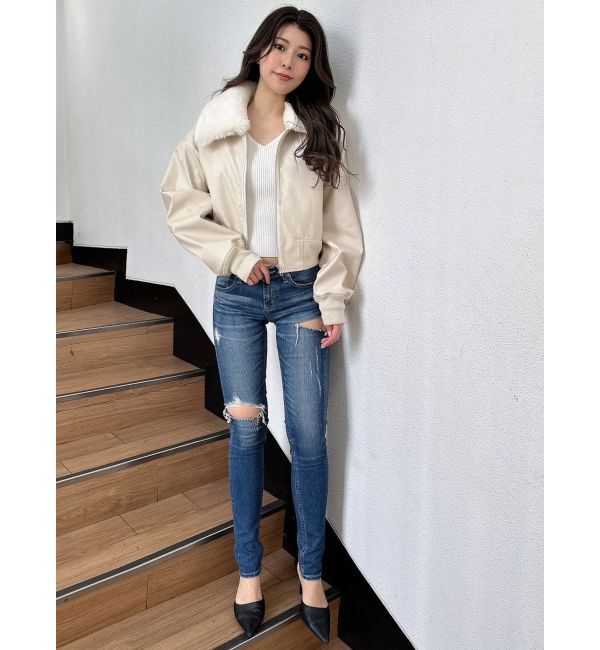 GYDA「vintage processingフェイクレザーショートブルゾン」|ブルゾン・スタジャン|