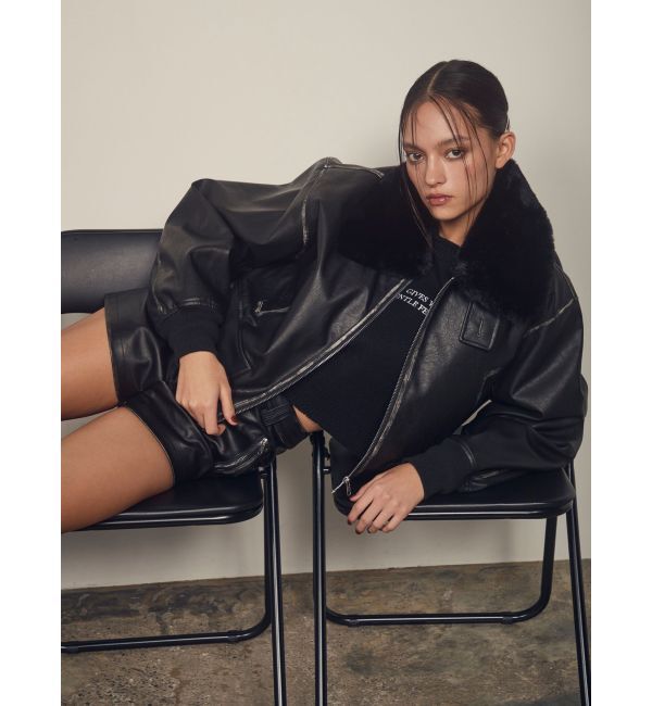 GYDA「vintage processingフェイクレザーショートブルゾン」|ブルゾン・スタジャン|