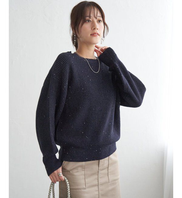 ikka「ラメスパンコールニットプルオーバー」|プルオーバー|ネイビーブルー