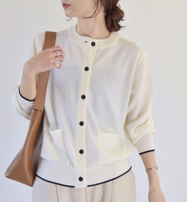 quaranciel「quaranciel:〈手洗い可能〉ウール バイカラー ライン クルーネック カーディガン」|カーディガン|ホワイト