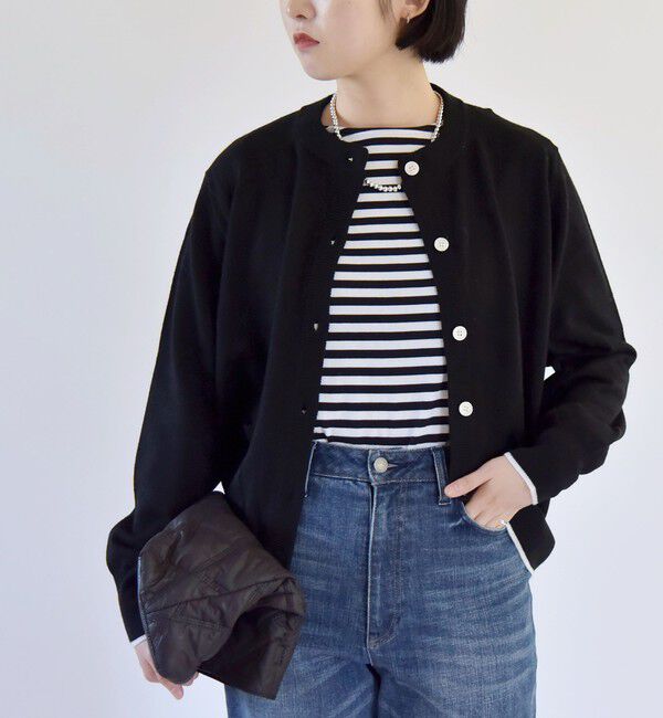 quaranciel「quaranciel:〈手洗い可能〉ウール バイカラー ライン クルーネック カーディガン」|カーディガン|ブラック