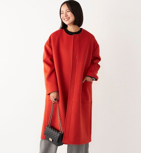 SHIPS Colors 「SHIPS Colors:ウール ノーカラー バック プリーツ コート」|ノーカラーコート|オレンジ