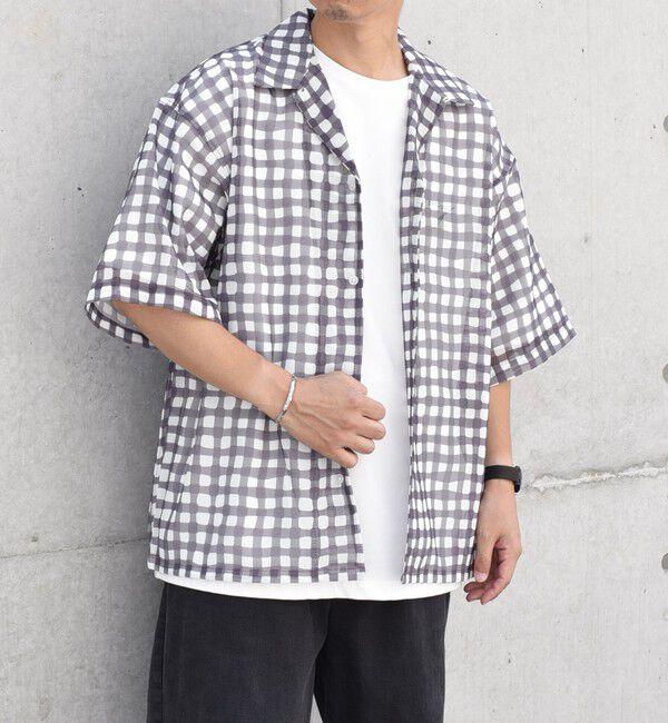 SHIPS any「SHIPS any: メッシュ オンブレチェック / ウェーブ パターン オープンカラー シアー シャツ◇」|シャツ・ブラウス|チャコールグレー