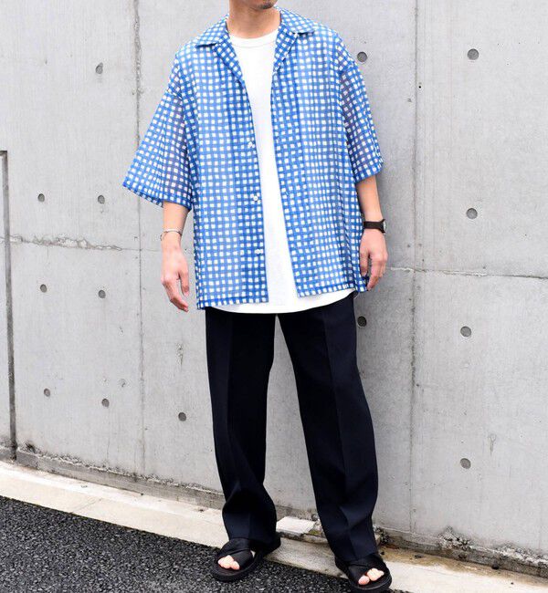 SHIPS any「SHIPS any: メッシュ オンブレチェック / ウェーブ パターン オープンカラー シアー シャツ◇」|シャツ・ブラウス|