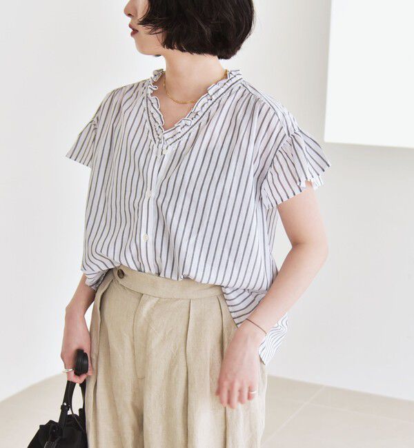 quaranciel「quaranciel:〈手洗い可能〉コットン フリルネック フレアスリーブ ブラウス」|シャツ・ブラウス|