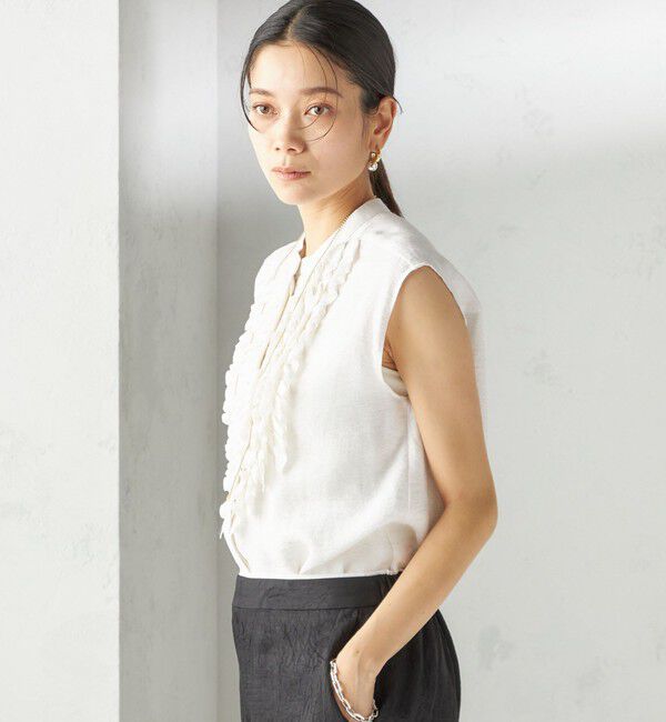 SHIPS for women「〈手洗い可能〉麻混 フロント フリル フレンチスリーブ ブラウス」|シャツ・ブラウス|